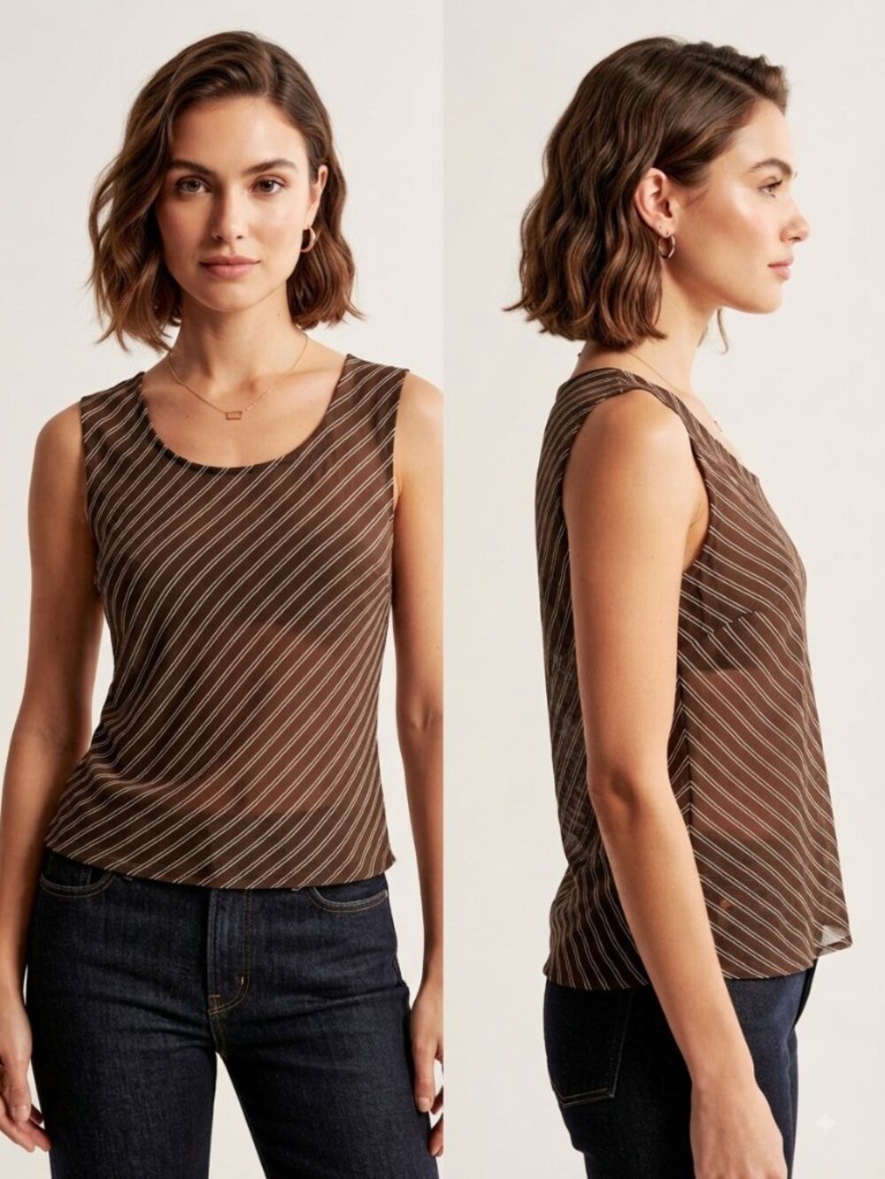 Vintage 90s Y2K Brown White Diagonal Striped Sleeveless Sheer Tank Top Sz Small